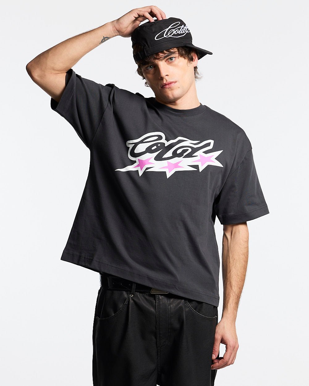 ALL STARS TEE DARK GREY - dark grey graphic print tee, front view on male model - Cold Culture #man
