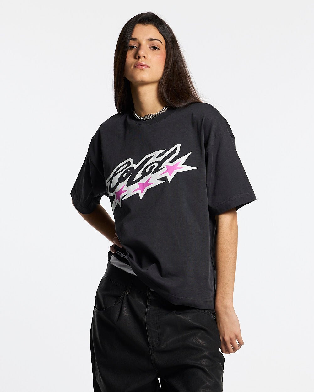 ALL STARS TEE DARK GREY - dark grey graphic print tee, front view on female model - Cold Culture #woman