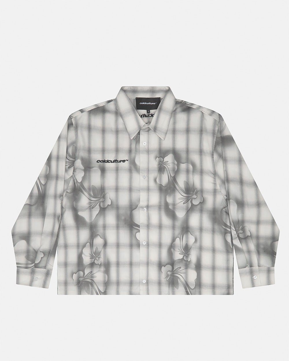 ALOHA SHIRT GREY - grey floral print long sleeve shirt, front view - Cold Culture #packshot