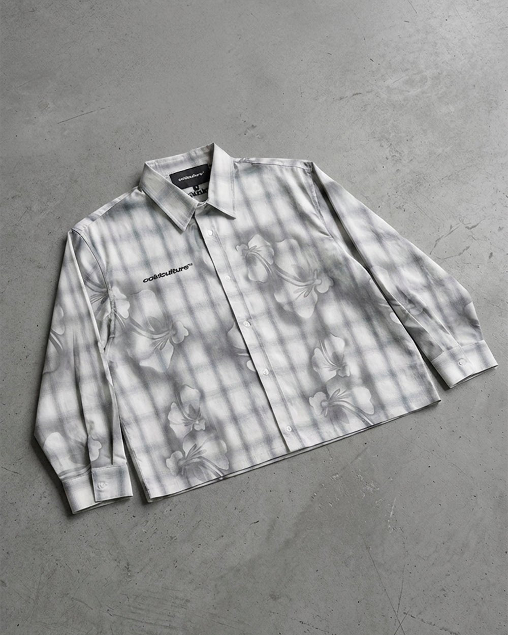 ALOHA SHIRT GREY - grey floral print long sleeve shirt, flat lay - Cold Culture