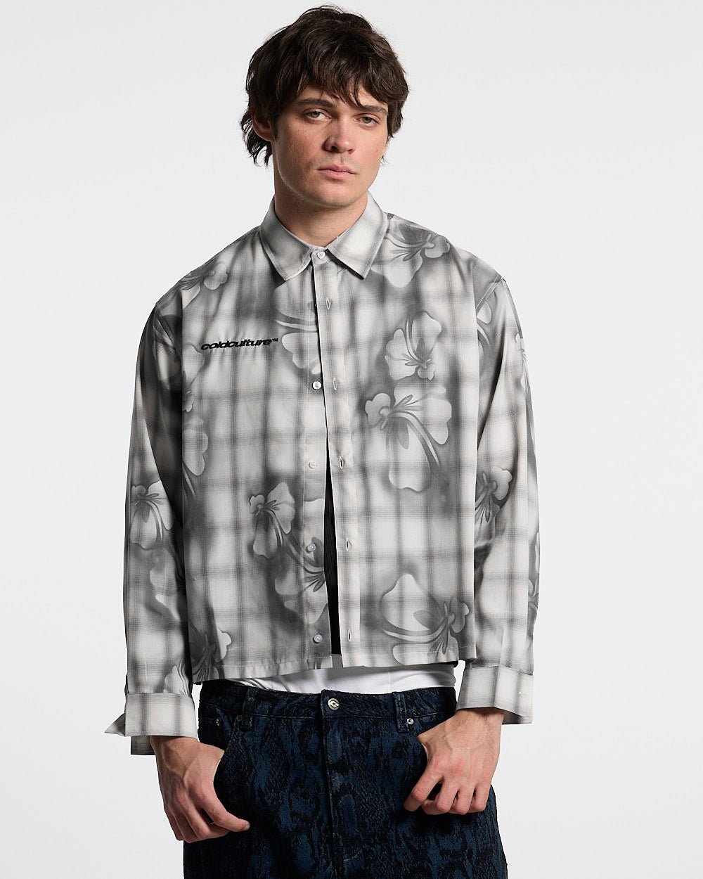 ALOHA SHIRT GREY - grey floral print long sleeve shirt, front view on male model - Cold Culture #man