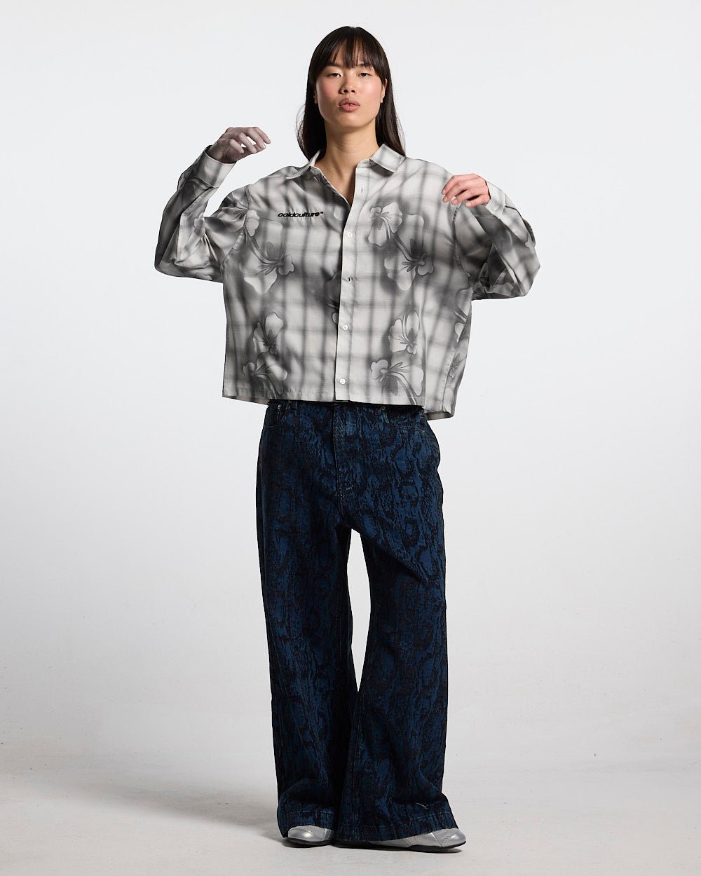 ALOHA SHIRT GREY - grey floral print long sleeve shirt, front view on female model - Cold Culture #woman
