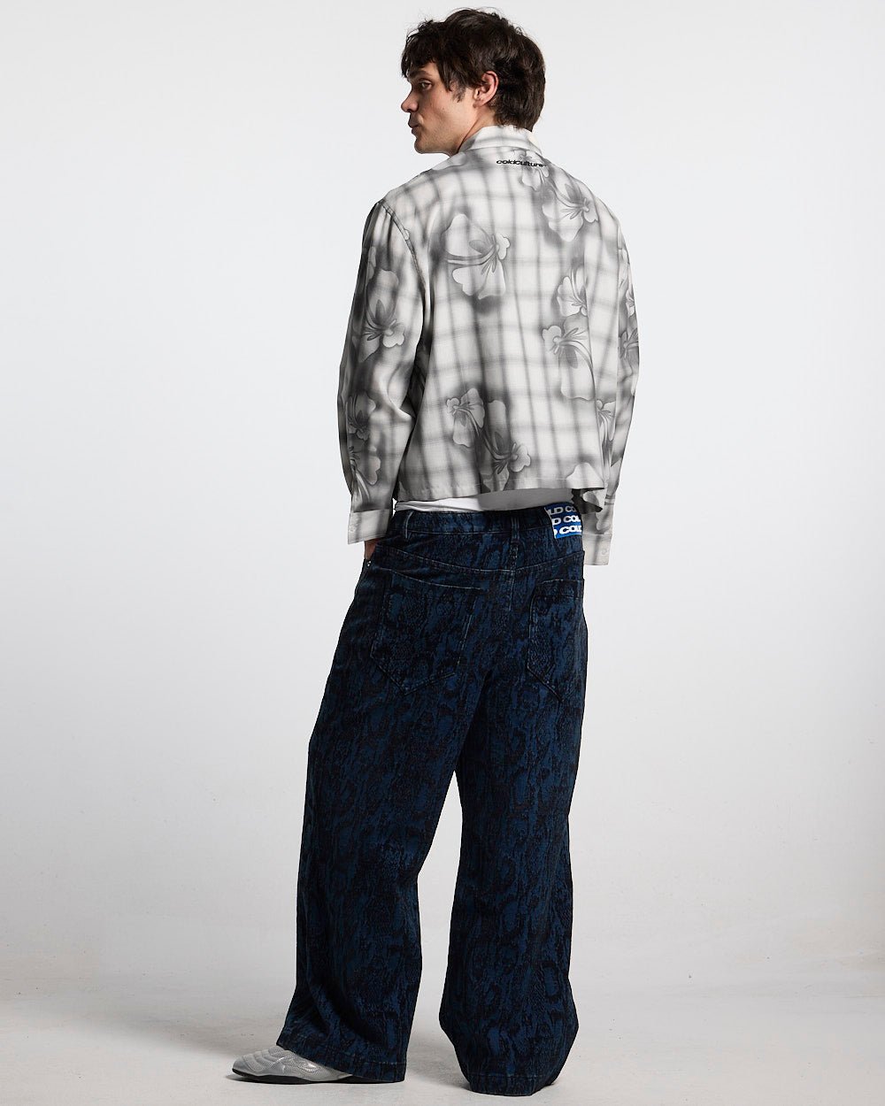 ALOHA SHIRT GREY - grey floral print long sleeve shirt, back view on male model - Cold Culture #man