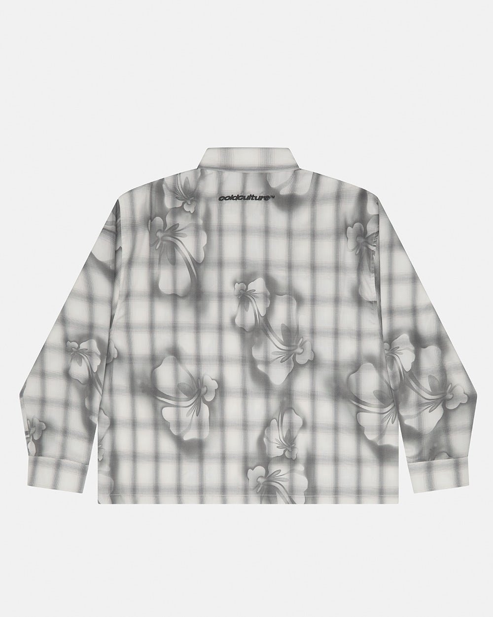ALOHA SHIRT GREY - grey floral print long sleeve shirt, back view - Cold Culture #packshot