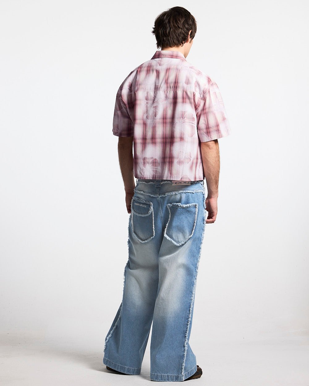 ALOHA SHIRT PINK - pink plaid short sleeve shirt, back view on male model - Cold Culture #man