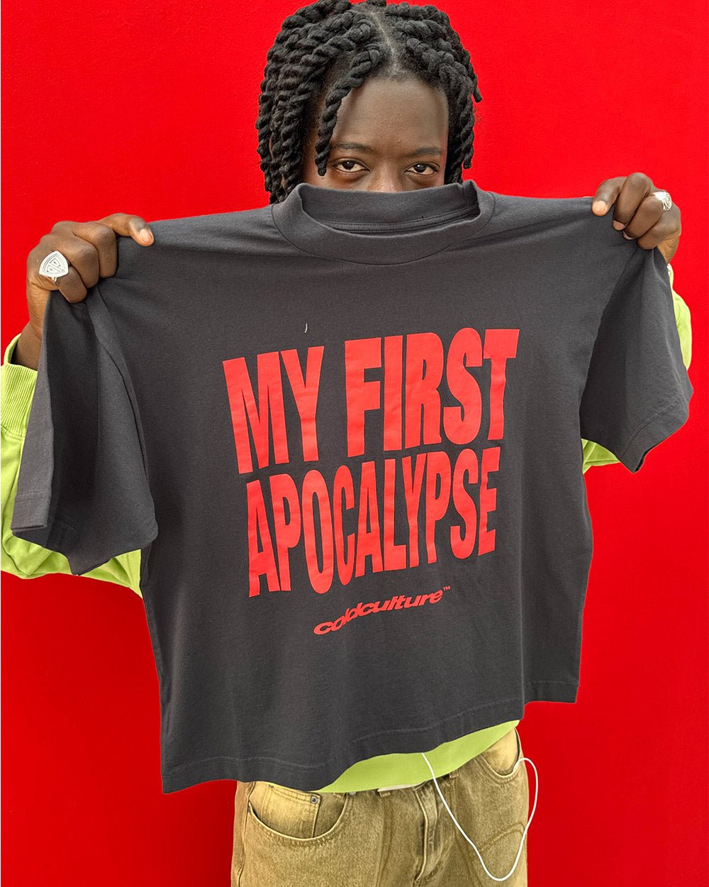 APOCALYPSE TEAM TEE GREY & RED - dark grey graphic print tee, detail in hand - Cold Culture