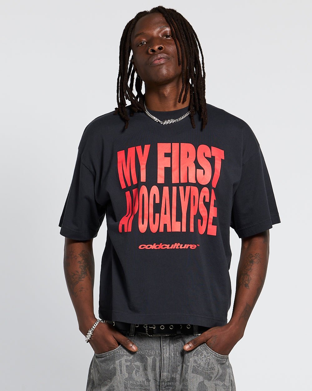 APOCALYPSE TEAM TEE GREY & RED - dark grey graphic print tee, front view on male model - Cold Culture #man