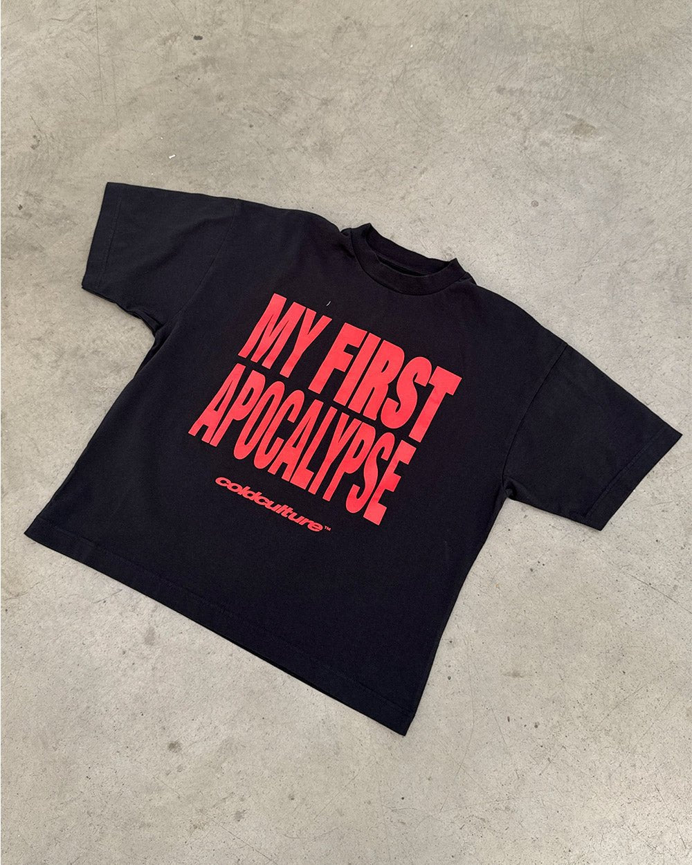 APOCALYPSE TEAM TEE GREY & RED - dark grey graphic print tee, flat lay - Cold Culture