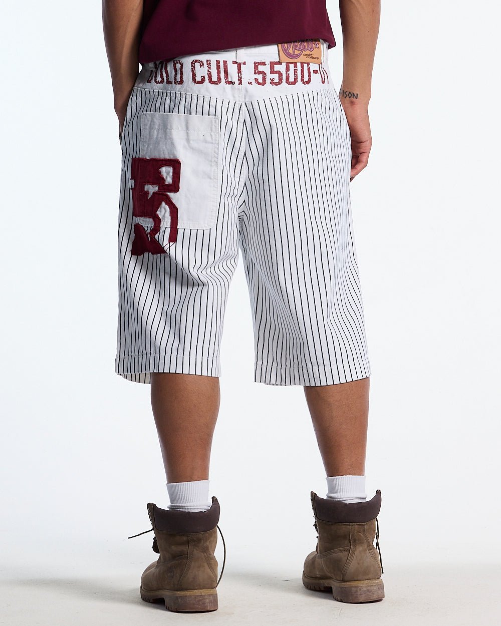 ARMED SAILOR V2 SHORTS WHITE - white pinstriped shorts, back view on male model - Cold Culture