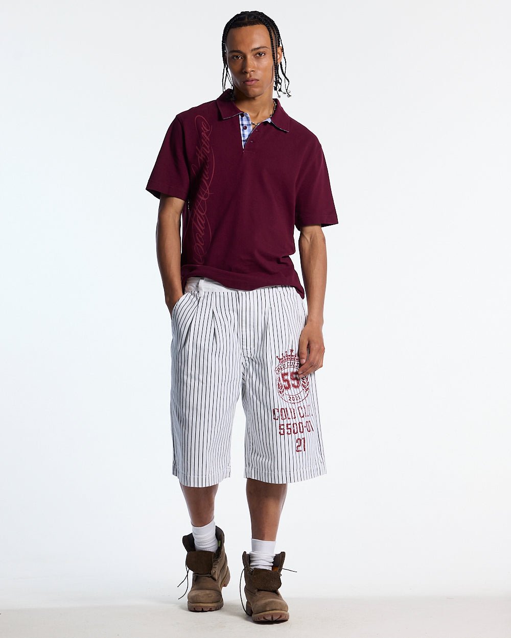 ARMED SAILOR V2 SHORTS WHITE - white pinstriped shorts, front view on male model - Cold Culture #man
