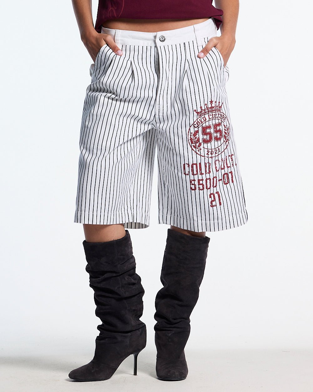 ARMED SAILOR V2 SHORTS WHITE - white pinstriped shorts, front view on female model - Cold Culture #woman