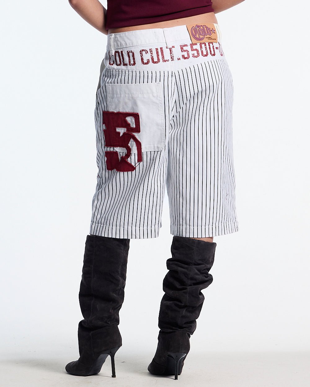 ARMED SAILOR V2 SHORTS WHITE - white pinstriped shorts, back view on female model - Cold Culture #woman
