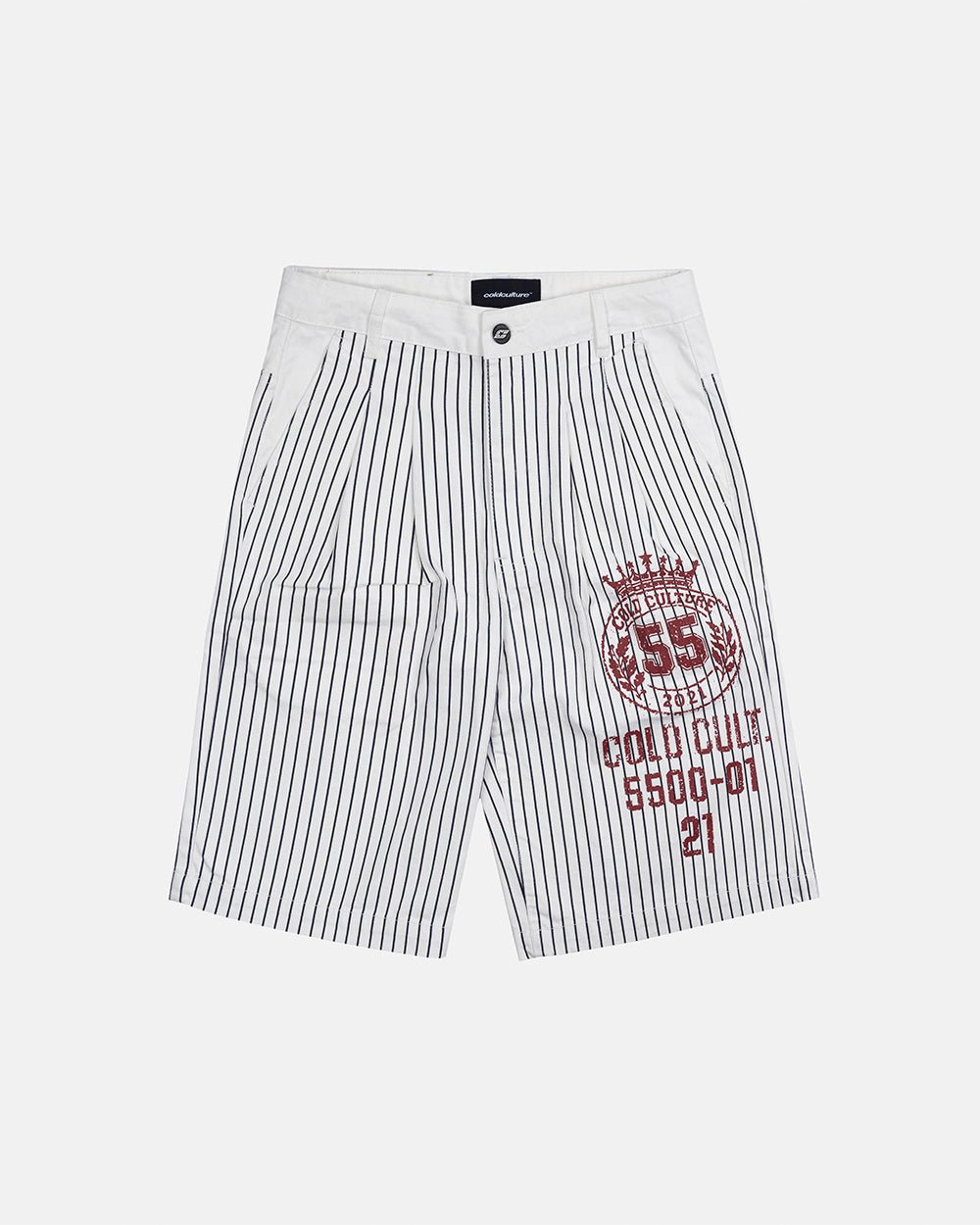 ARMED SAILOR V2 SHORTS WHITE - white pinstriped shorts, front view - Cold Culture #packshot