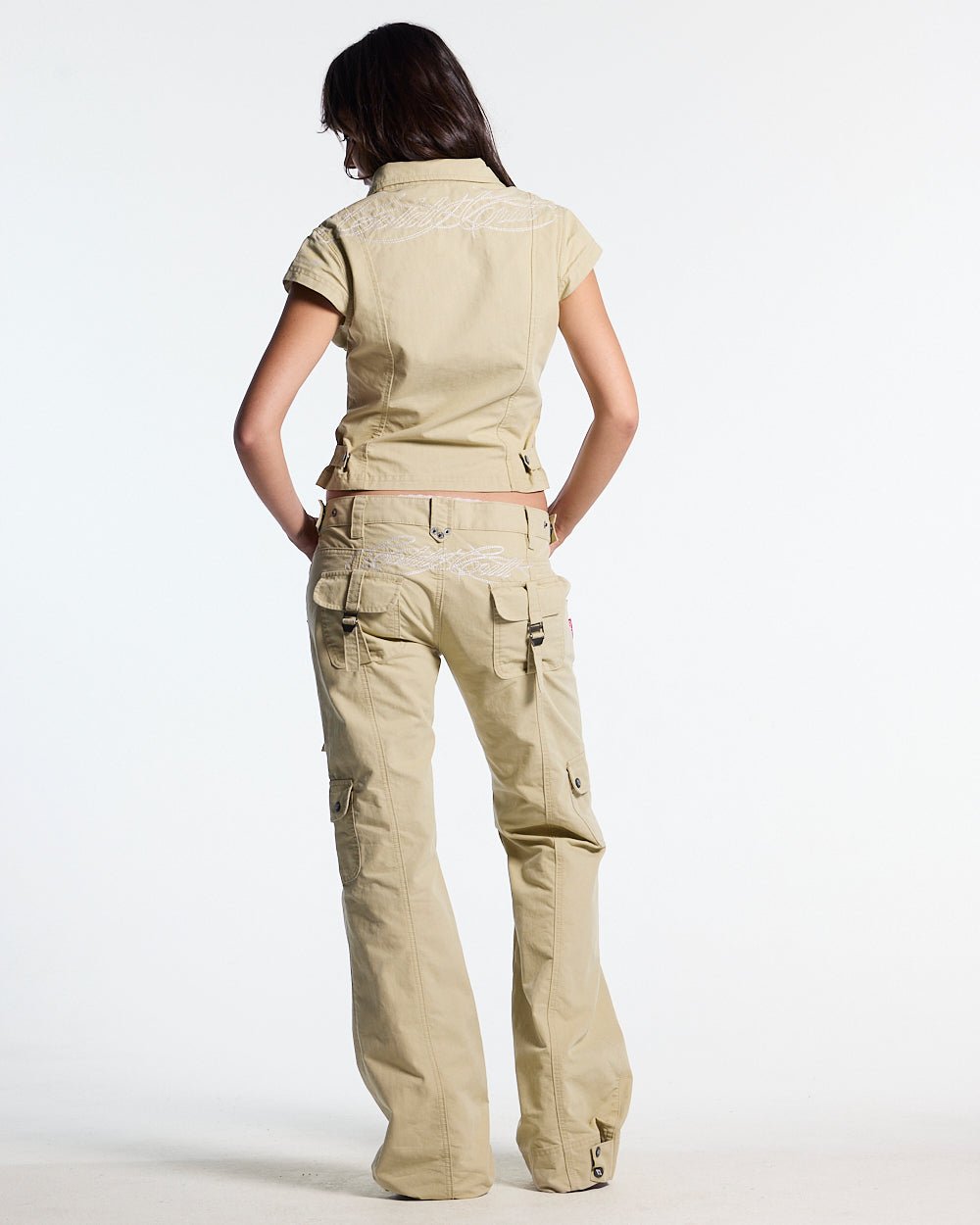 ARMY SCRIPT PANTS MILITARY GREEN - military green cargo pants, back view on female model - Cold Culture #woman