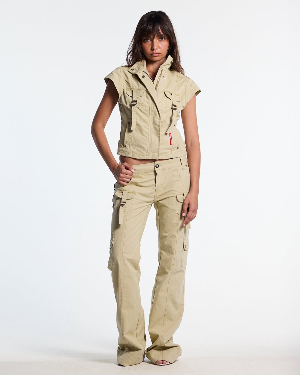 ARMY SCRIPT PANTS MILITARY GREEN - military green cargo pants, front view on female model - Cold Culture #woman