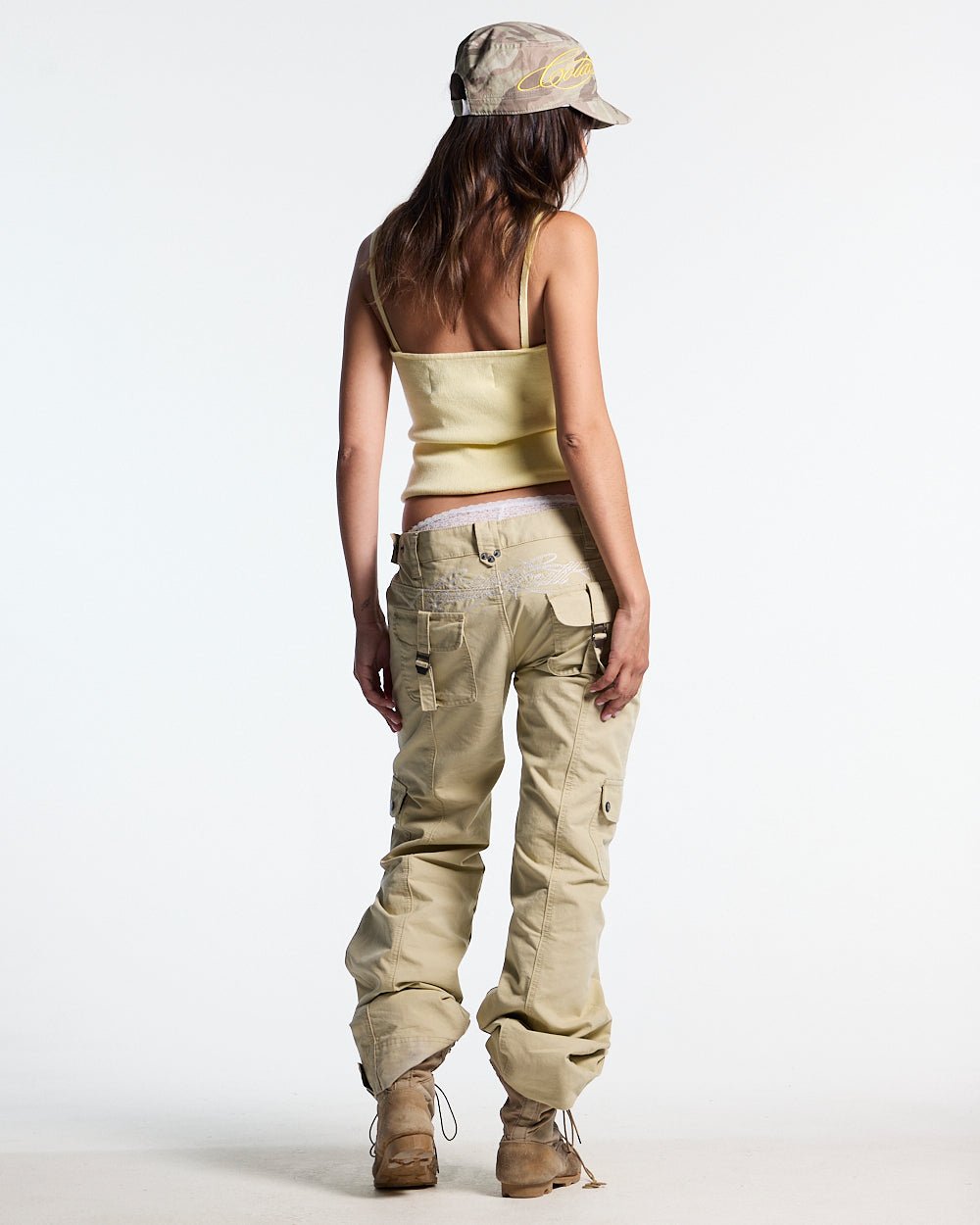 ARMY SCRIPT PANTS MILITARY GREEN - military green cargo pants, back view on female model - Cold Culture #woman
