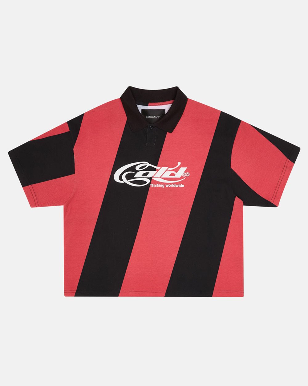 ASLANT STRIPES POLO TEE BLACK AND RED - red and black striped polo shirt, front view - Cold Culture #packshot