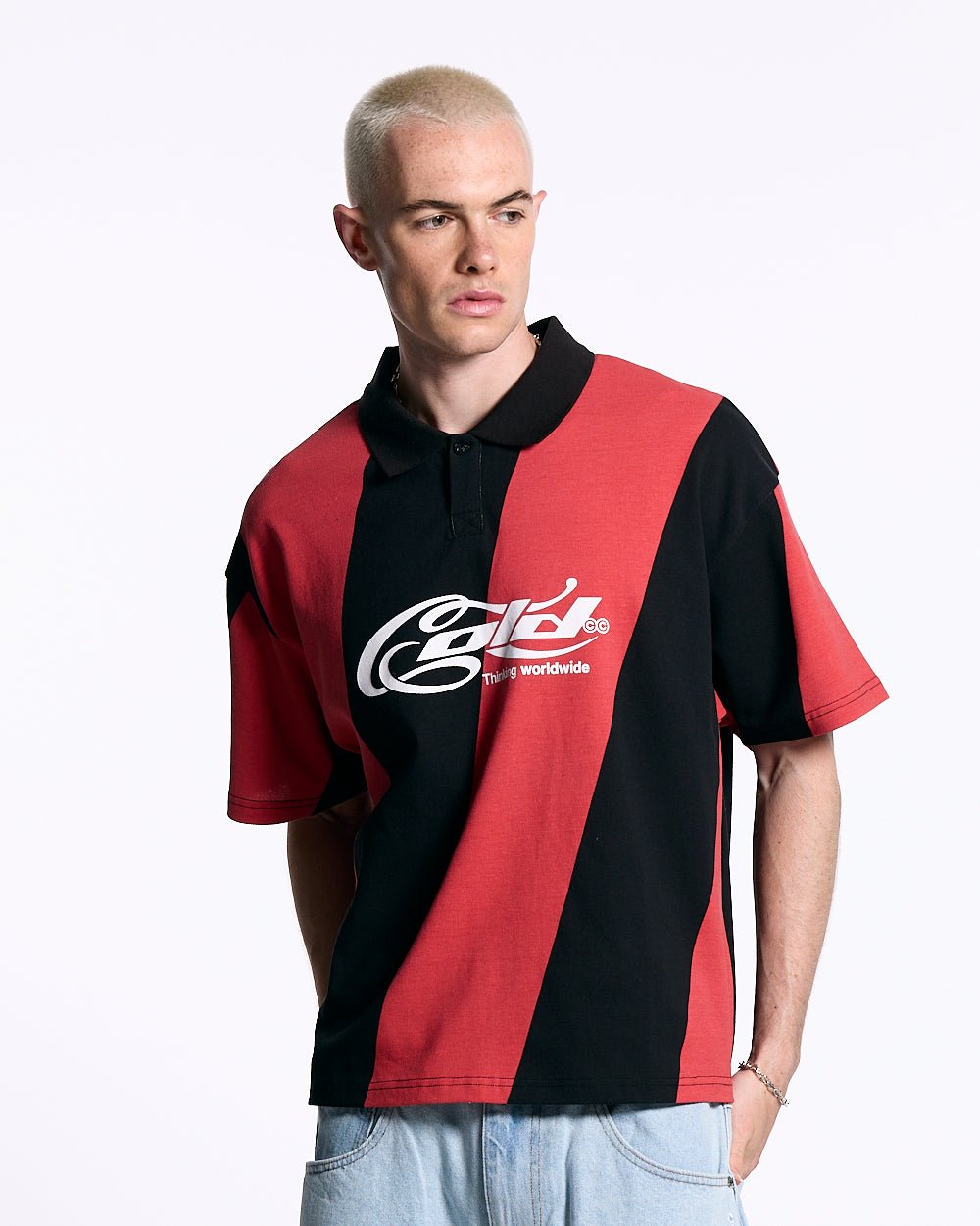 ASLANT STRIPES POLO TEE BLACK AND RED - red and black striped polo shirt, front view on male model - Cold Culture #man
