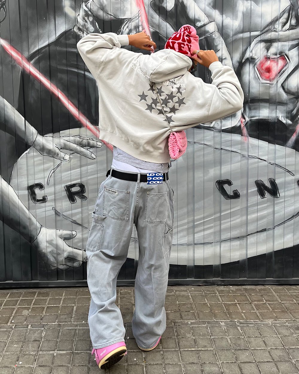 ASTRO HOODIE - light grey star print hoodie, street style shot - Cold Culture