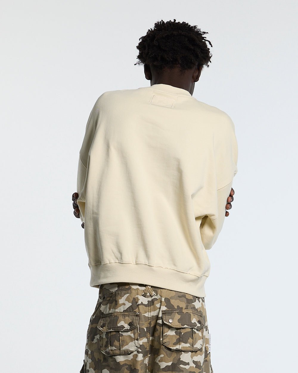 AUTHORITY CAMO CREWNECK CREAM - cream crewneck sweatshirt, back view on male model - Cold Culture #man