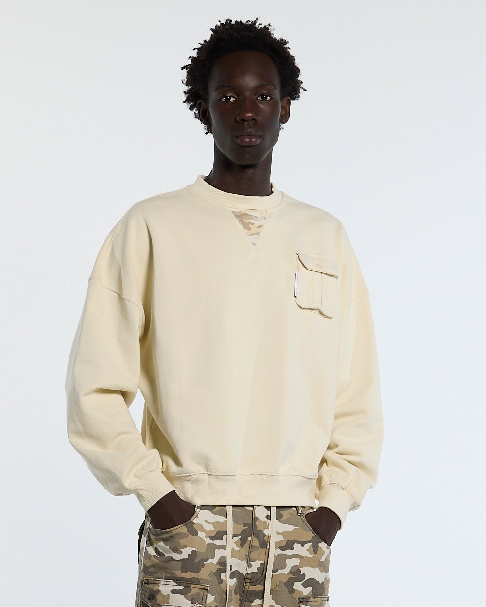 AUTHORITY CAMO CREWNECK CREAM - cream crewneck sweatshirt, front view on male model - Cold Culture #man