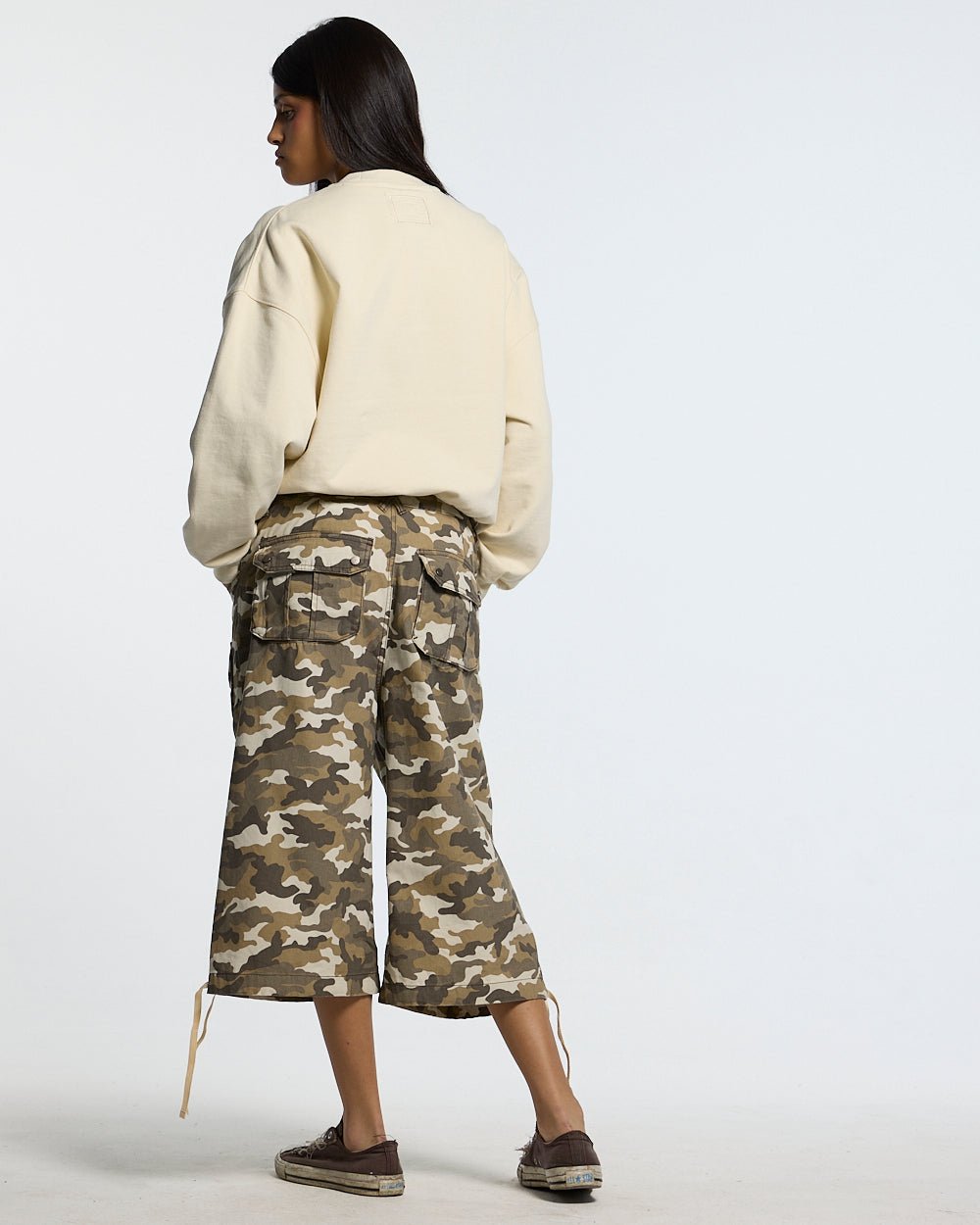 AUTHORITY CAMO CREWNECK CREAM - cream crewneck sweatshirt, back view on female model - Cold Culture #woman