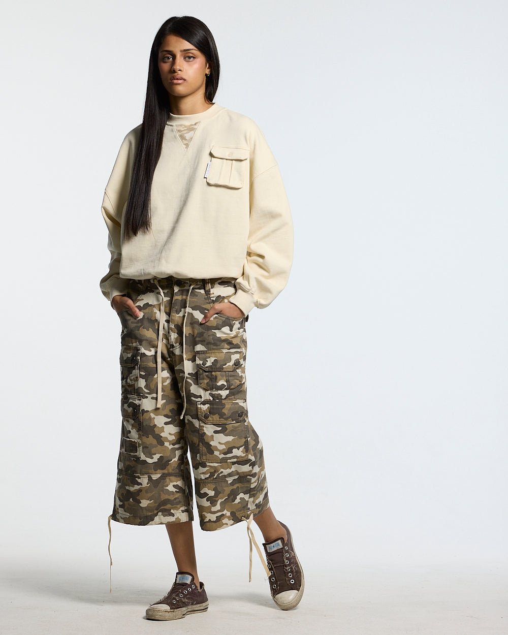 AUTHORITY CAMO CREWNECK CREAM - cream crewneck sweatshirt, front view on female model - Cold Culture #woman
