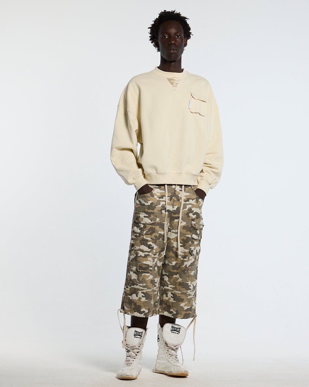 AUTHORITY CAMO CREWNECK CREAM - cream crewneck sweatshirt, front view on male model - Cold Culture #man