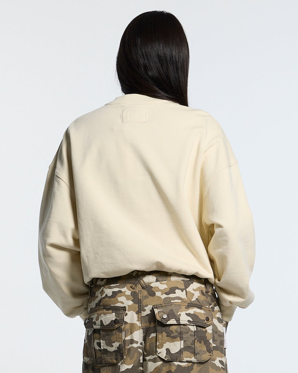 AUTHORITY CAMO CREWNECK CREAM - cream crewneck sweatshirt, back view on female model - Cold Culture #woman