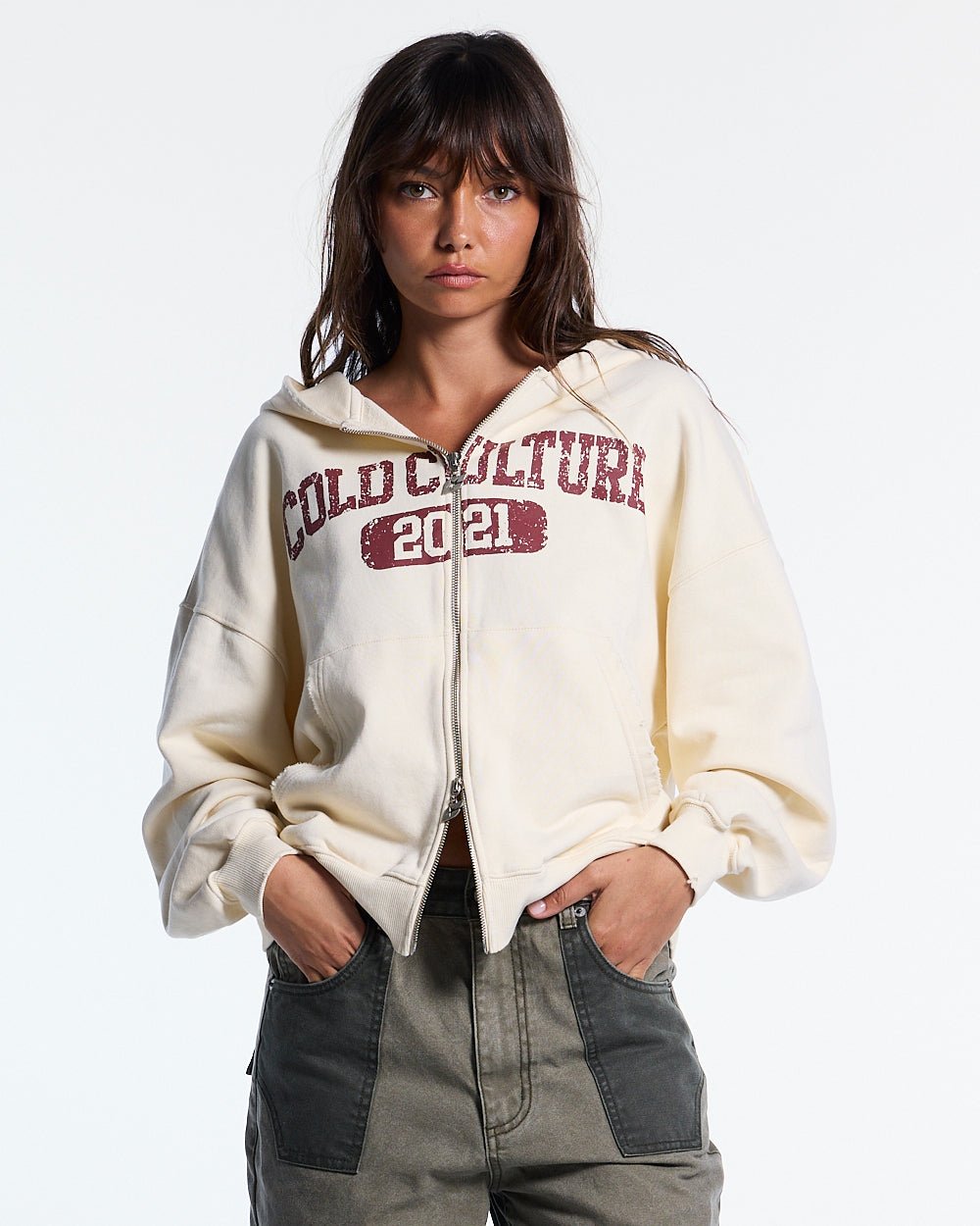 AVIATOR ZIP HOODIE WHITE - white graphic zip-up hoodie, front view on female model - Cold Culture #woman