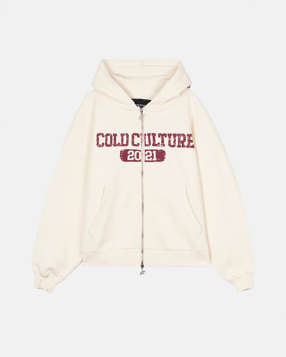 AVIATOR ZIP HOODIE WHITE - white graphic zip-up hoodie, front view - Cold Culture #packshot
