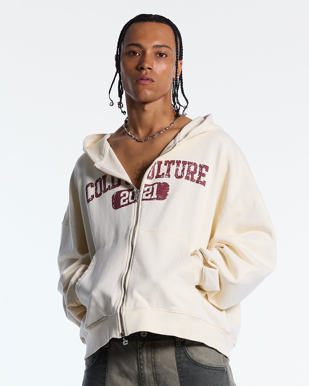 AVIATOR ZIP HOODIE WHITE - white graphic zip-up hoodie, front view on male model - Cold Culture #man