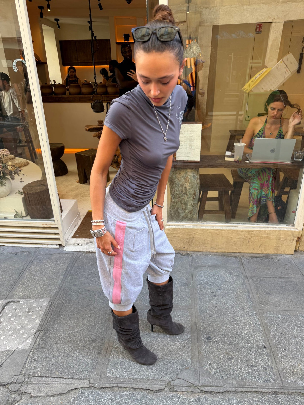 B-BOY CAPRI PANTS HEATHER GREY - heather grey capri sweatpants, street style shot - Cold Culture #woman