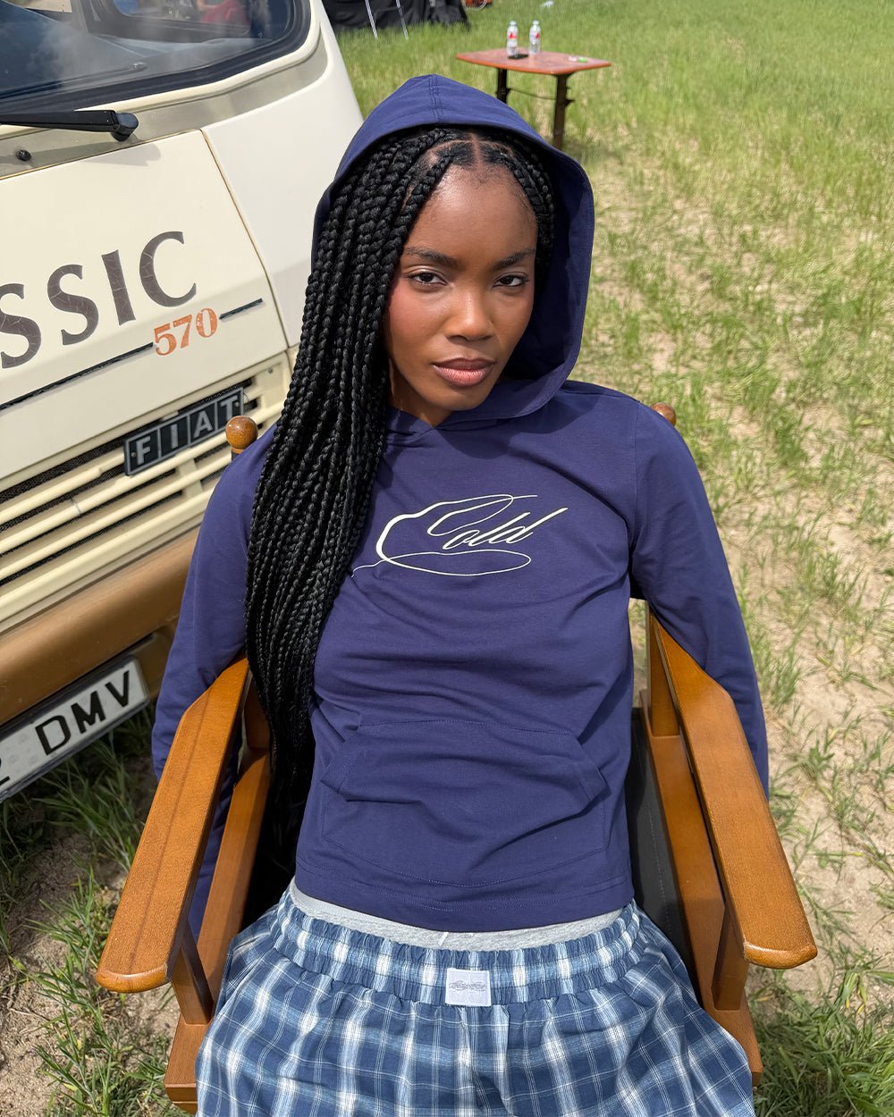 BABY SCRIPT HOODIE BLUE - blue women's hoodie, street style shot - Cold Culture #woman