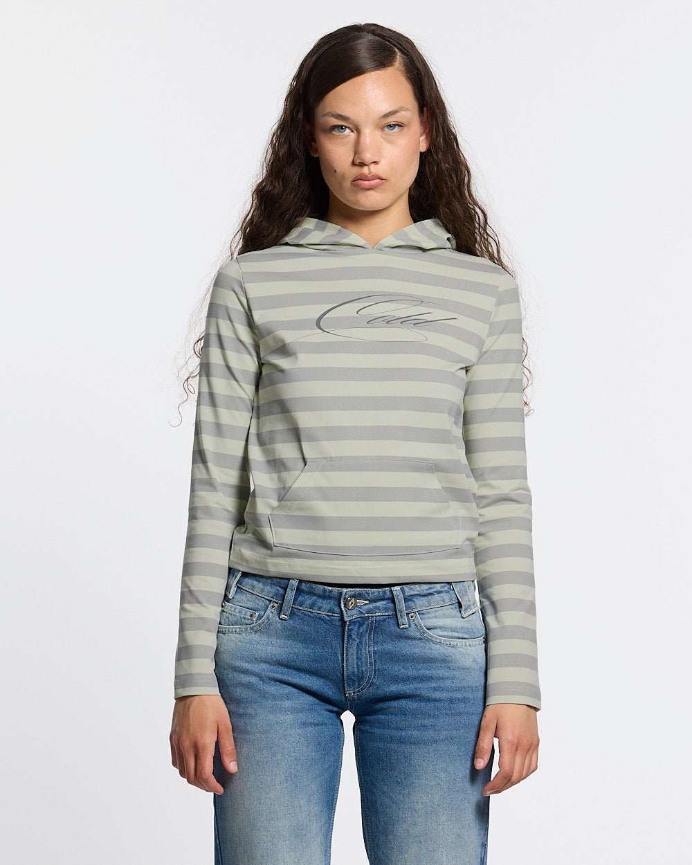 BABY SCRIPT HOODIE GREY - grey striped women's hoodie, front view on female model - Cold Culture #woman