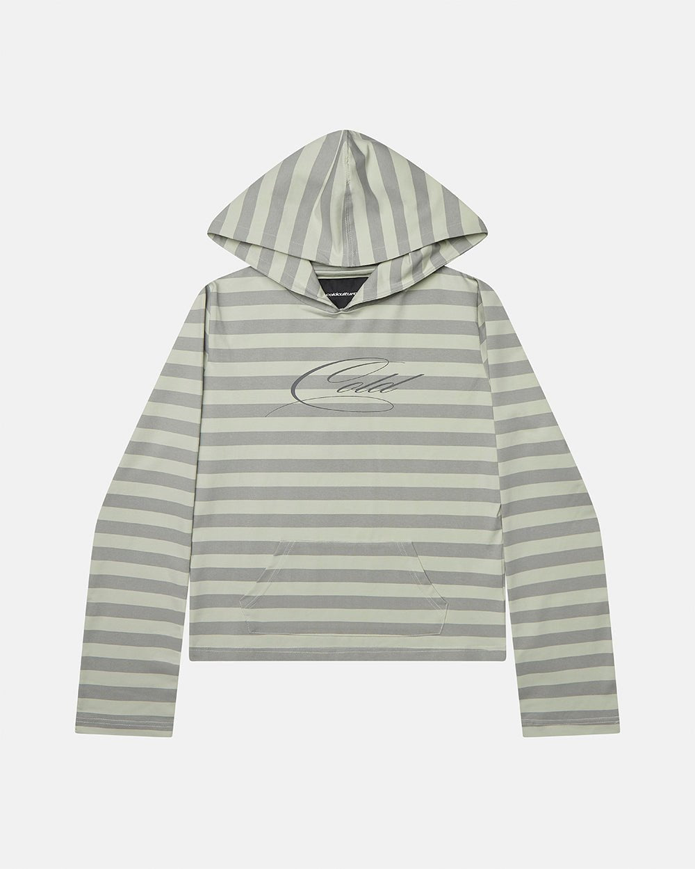 BABY SCRIPT HOODIE GREY - grey striped women's hoodie, front view - Cold Culture #packshot
