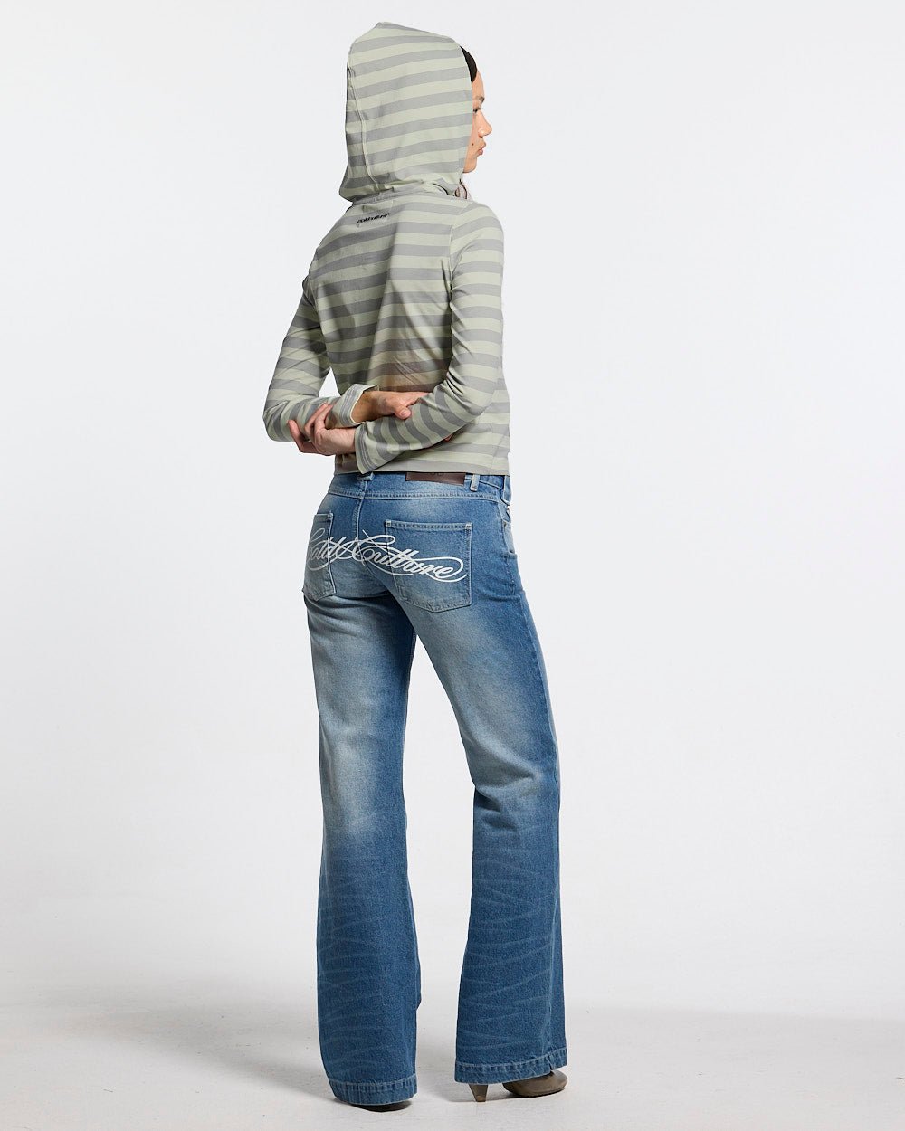 BABY SCRIPT HOODIE GREY - grey striped women's hoodie, back view on female model - Cold Culture #woman