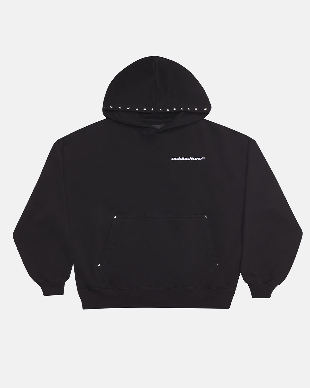 BADGES HOODIE BLACK - black studded hoodie, front view - Cold Culture #packshot