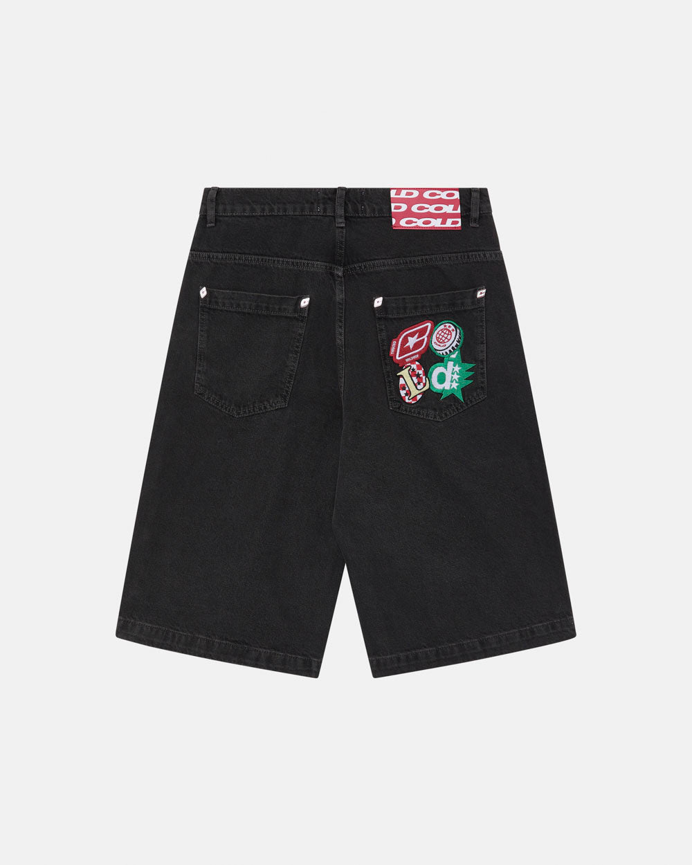 BADGES JORTS BLACK LICORICE - black baggy denim shorts, back view - Cold Culture #packshot