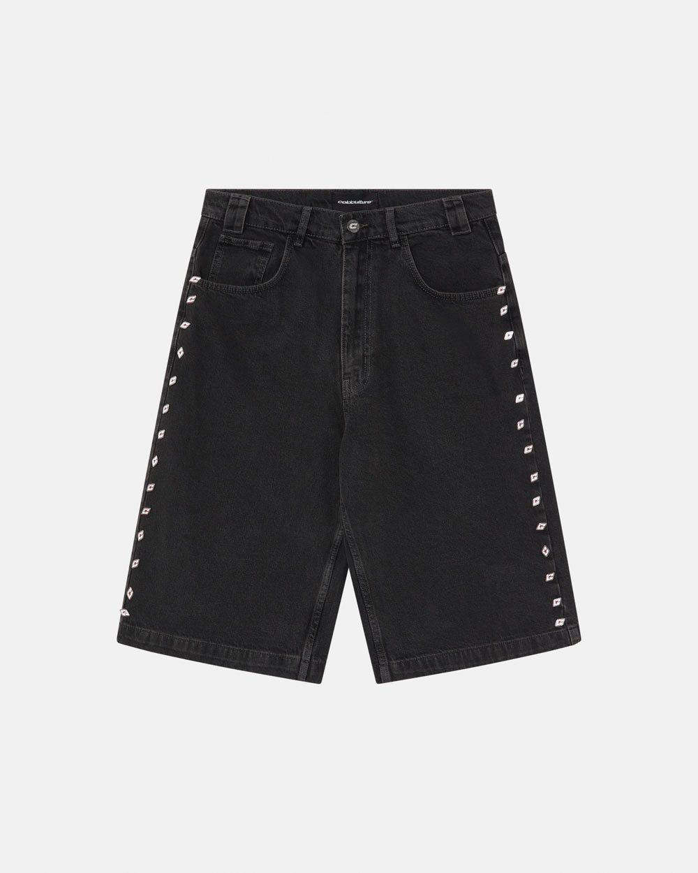 BADGES JORTS BLACK LICORICE - black baggy denim shorts, front view - Cold Culture #packshot