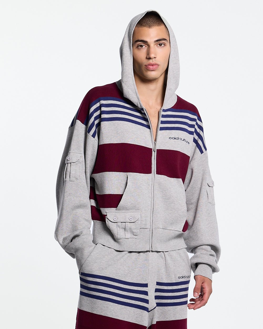 BAIT ZIP KNIT HOODIE HEATHER GREY - heather grey striped knit sweater, front view on male model - Cold Culture #man