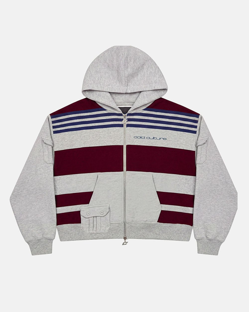BAIT ZIP KNIT HOODIE HEATHER GREY - heather grey striped knit sweater, front view - Cold Culture #woman