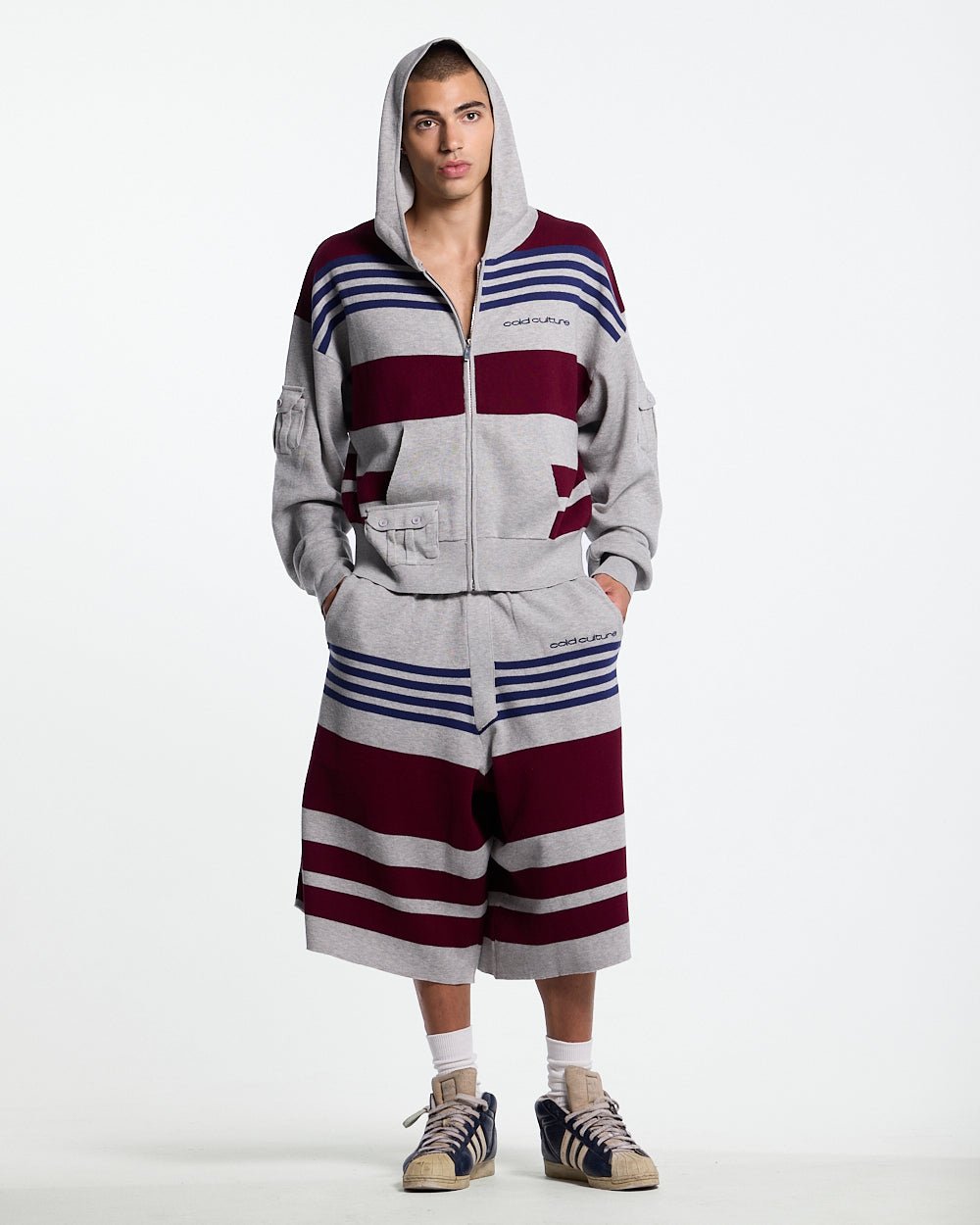 BAIT ZIP KNIT HOODIE HEATHER GREY - heather grey striped knit sweater, front view on male model - Cold Culture #man