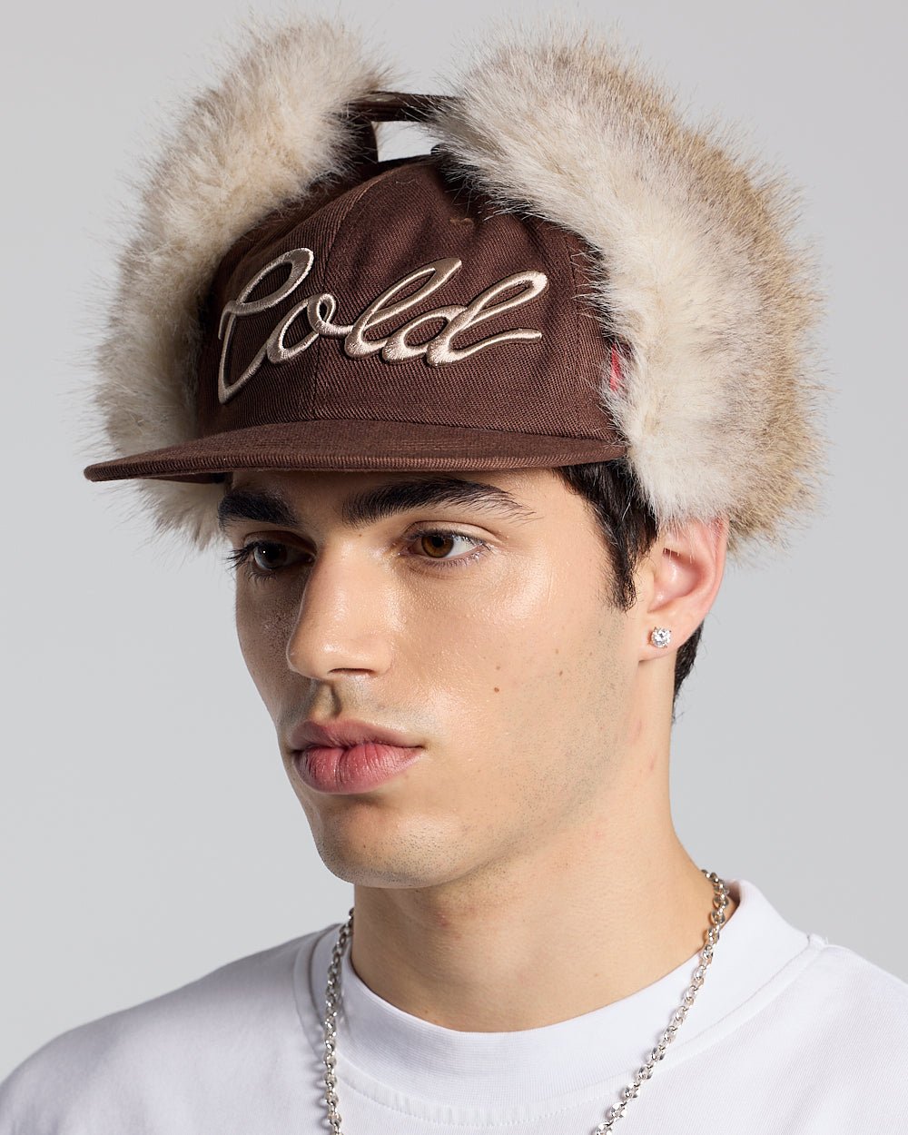 BAMBI CAP BROWN - brown faux fur cap, on model close-up - Cold Culture #man