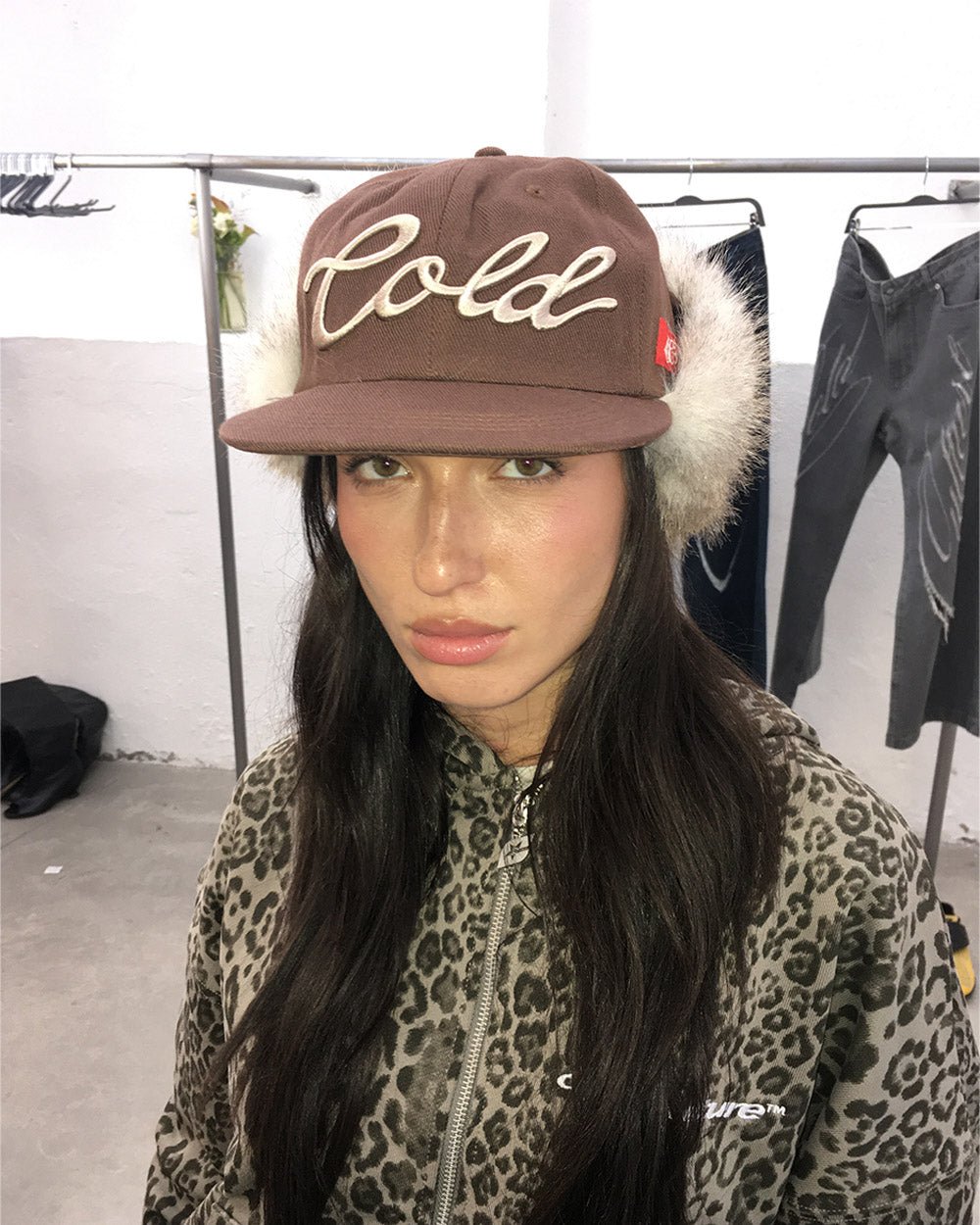 BAMBI CAP BROWN - brown faux fur cap, on model close-up - Cold Culture