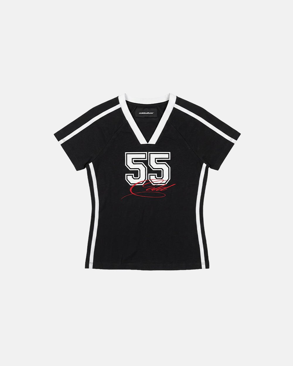 BANDAL BABY TEE BLACK - black varsity baby tee, flat lay - Cold Culture #packshot