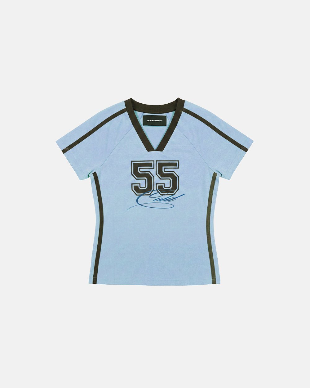 BANDAL BABY TEE BLUE - light blue varsity baby tee, flat lay - Cold Culture #packshot