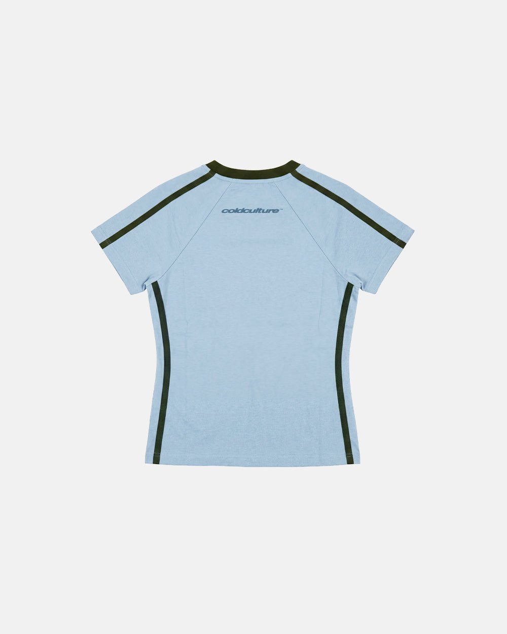 BANDAL BABY TEE BLUE - light blue varsity baby tee, flat lay - Cold Culture #packshot
