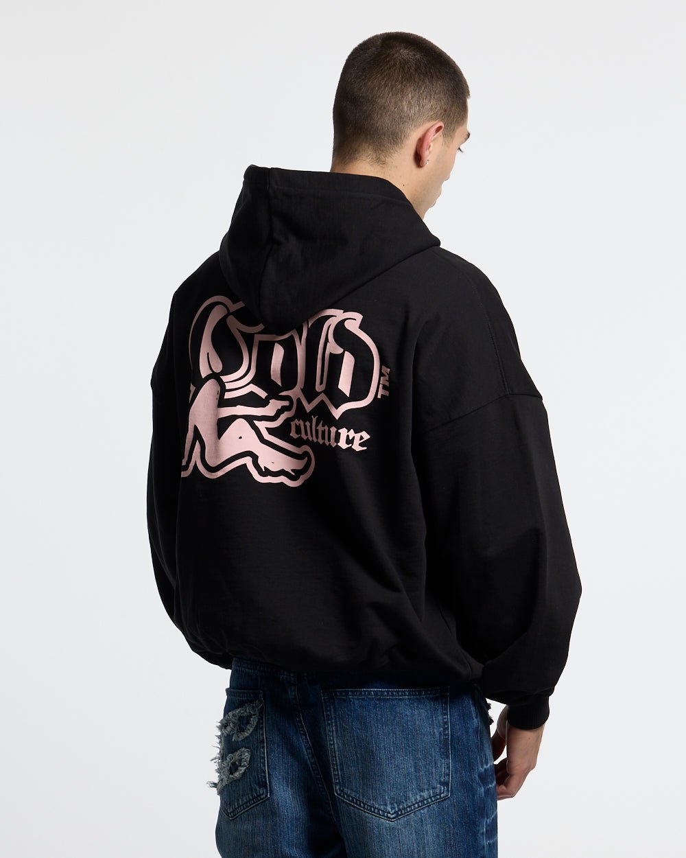 BANG BANG HOODIE BLACK - black graphic print hoodie, back view on male model - Cold Culture