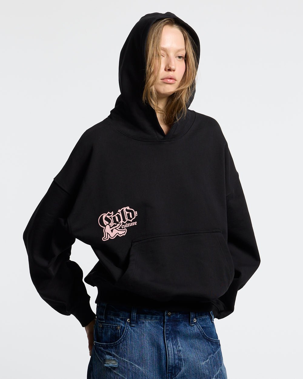 BANG BANG HOODIE BLACK - black graphic print hoodie, front view on female model - Cold Culture #woman
